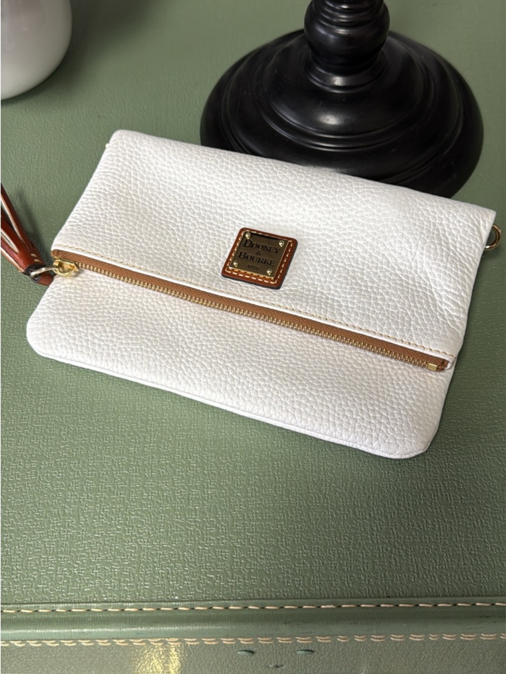 Dooney & Bourke White Pebbled Leather Zip Wristlet with Gold Hardware
